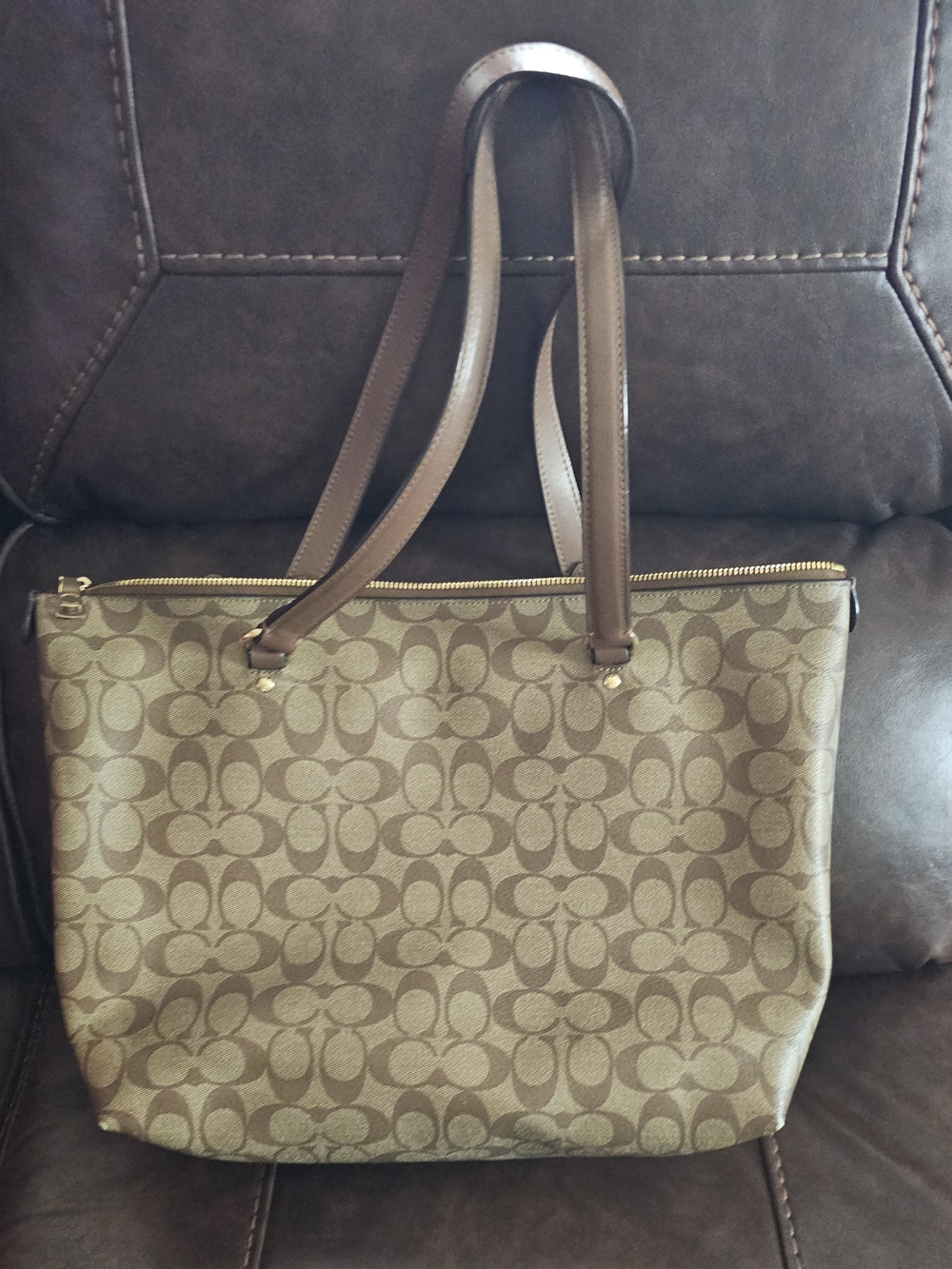 Coach Brown Signature Canvas Tote with Leather Trim - Picture 7 of 7
